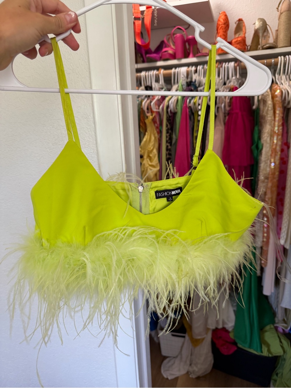 Fashion Nova Neon Lime Feather Trim Crop Top